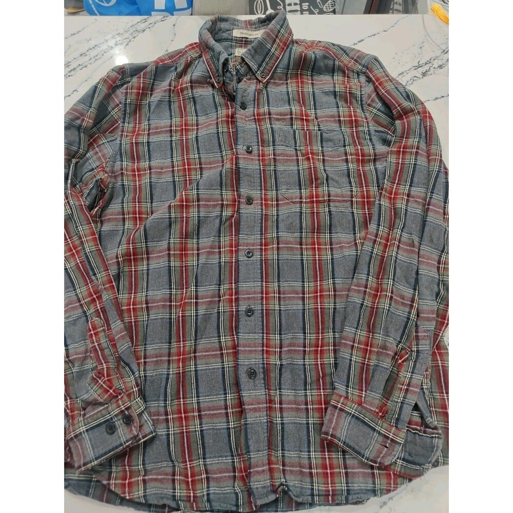 Classic LL Bean Mens Traditional Fit Flannel Shirt Grey Red Plaid Sz Medium